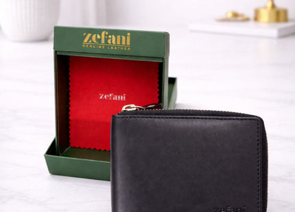 Zefani Premium Round Zip Bi-Fold Genuine Leather Wallet