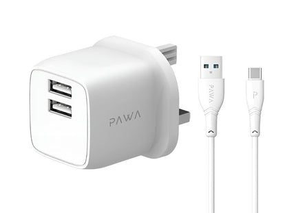 PAWA PocketMini Dual USB Travel Charger UK Standard With USB-A to Type-C Cable