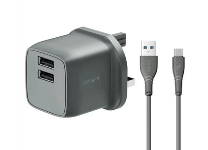 PAWA PocketMini Dual USB Travel Charger UK Standard With USB-A to Type-C Cable