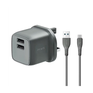 PAWA PocketMini Dual USB Travel Charger UK Standard With USB-A to Type-C Cable