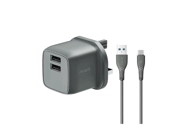 PAWA PocketMini Dual USB Travel Charger UK Standard With USB-A to Type-C Cable