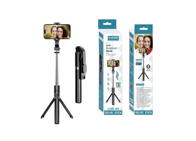 Plokama® LIVE K8 Multifunctional Selfie Stick Tripod with Bluetooth Remote-Black