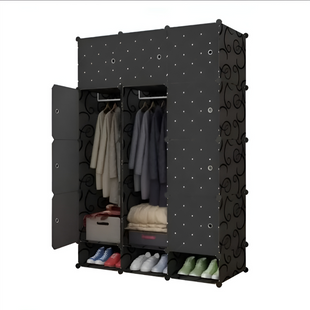 DIY PLASTIC 12 CUBES CLOTHES WARDROBE WITH SHOE RACK - BLACK