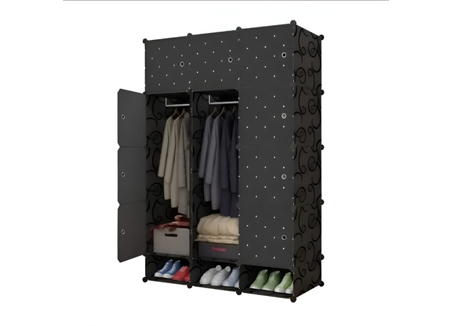 DIY PLASTIC 12 CUBES CLOTHES WARDROBE WITH SHOE RACK - BLACK