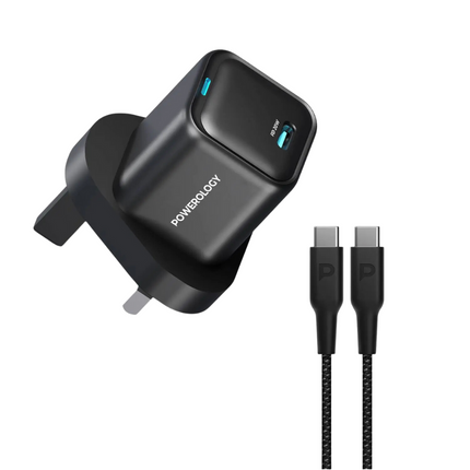 Powerology 20W Single C Port PD Charger UK with Type C to C 60W cable - Black