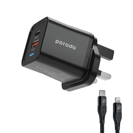 Porodo Dual Port PD + USB-A ( 35W+18W) Charger With Type-C To Lightning Cable