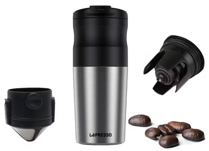 Lepresso Portable Mini Coffee Maker With Grinder and Stainless Steel Mug