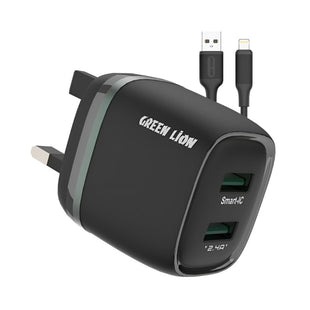 Green Lion Dual USB 12W Wall Charger With USB-A To Lightning Cable UK