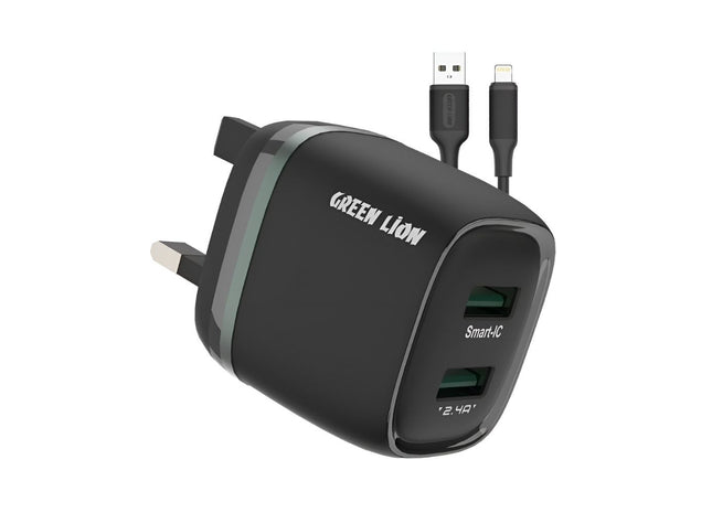 Green Lion Dual USB 12W Wall Charger With USB-A To Lightning Cable UK