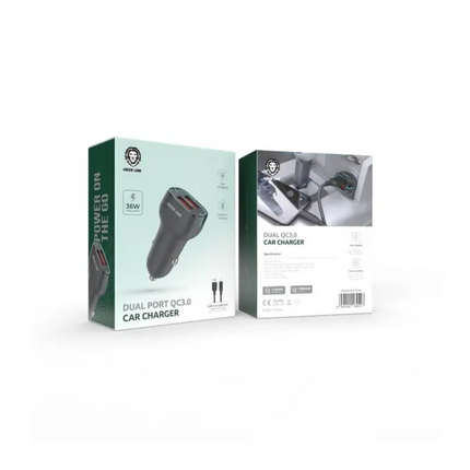 Green Lion Dual Port QC3.0 Car Charger With USB-A To Lightning Cable 36W