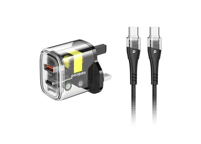 Porodo Dual Transparent Charger with USB-C to USB-C Cable 1.2M - Black