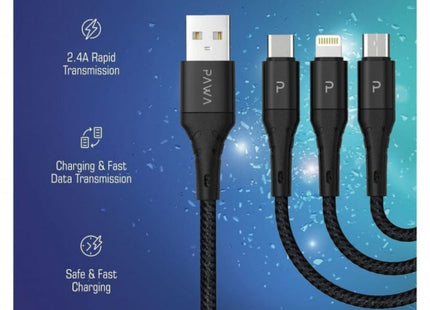 Pawa Nylon Braided 2.4A Data & Quick Charging 3in1 Cable 1.2m/4ft - Black