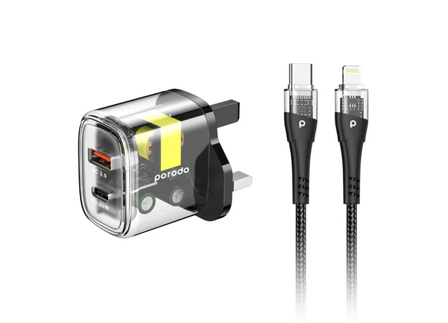 Porodo Dual Transparent Charger with USB-C to Lightning Cable 1.2M - Black