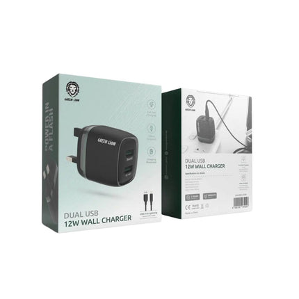 Green Lion Dual USB 12W Wall Charger With USB-A To Lightning Cable UK