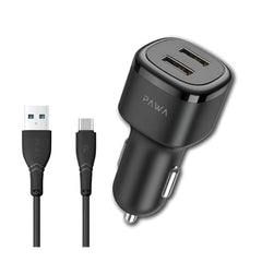 PAWA Solid Car Charger – Dual USB Port 2.4A with Type-C Cable (Black)