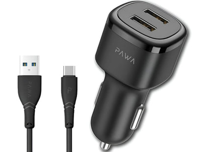 PAWA Solid Car Charger – Dual USB Port 2.4A with Type-C Cable (Black)