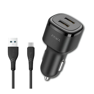 PAWA Solid Car Charger – Dual USB Port 2.4A with Type-C Cable (Black)