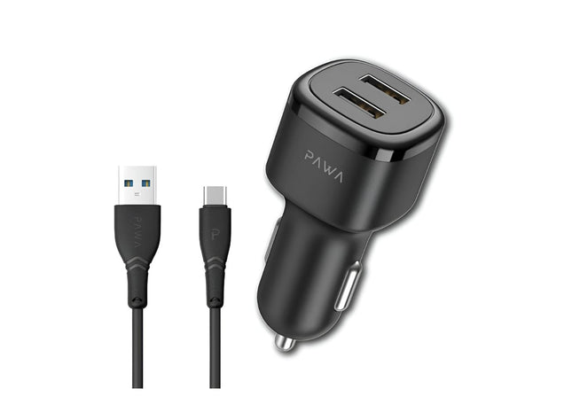 PAWA Solid Car Charger – Dual USB Port 2.4A with Type-C Cable (Black)