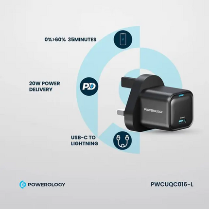 Powerology 20W Single C Port PD Charger UK with Type C to Lightining MFI 27W cable