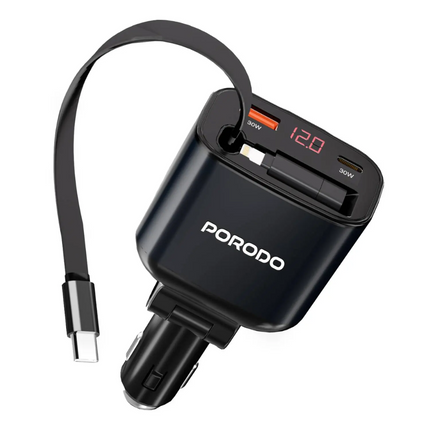 Porodo 105W Car Charger With Retractable Cable and Digital Display