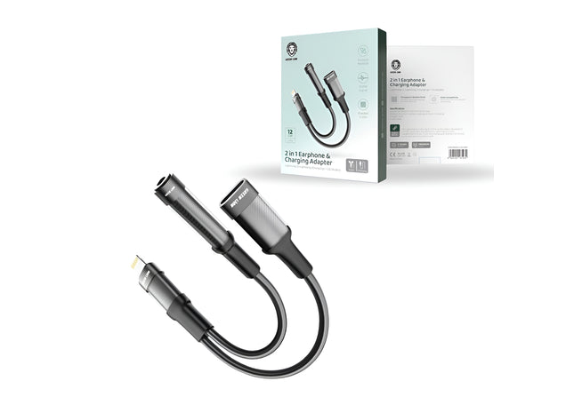 Green Lion 2 in 1 Earphone & Charging Adapter Lightning to Lightning + 3.5 12CM - Black
