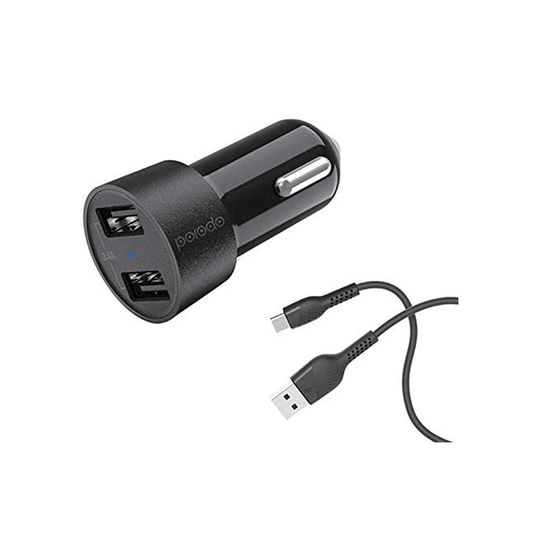 Porodo Dual USB Car Charger 3.4A with Type-C Cable 4ft. Compatible for Type-C Devices - Black - Xpressouq