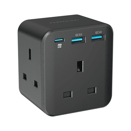 Powerology 3-Outlet Wall Socket With Fast Charging USB - Black - Xpressouq