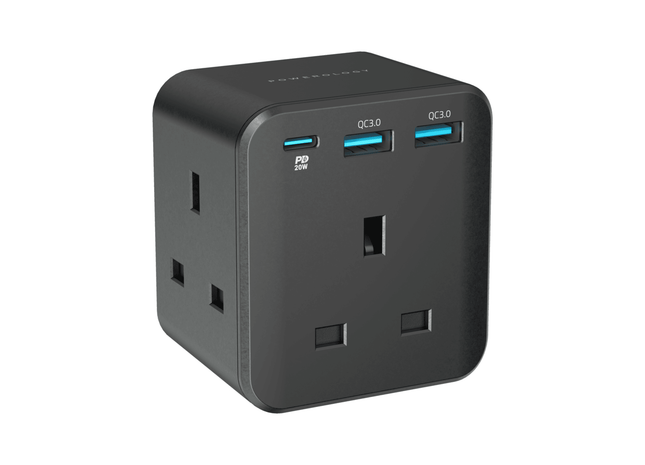 Powerology 3-Outlet Wall Socket With Fast Charging USB - Black - Xpressouq