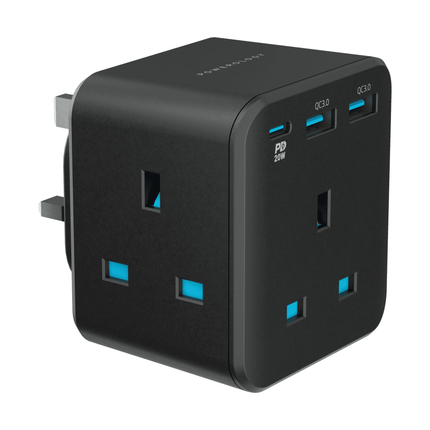 Powerology 3-Outlet Wall Socket With Fast Charging USB - Black - Xpressouq