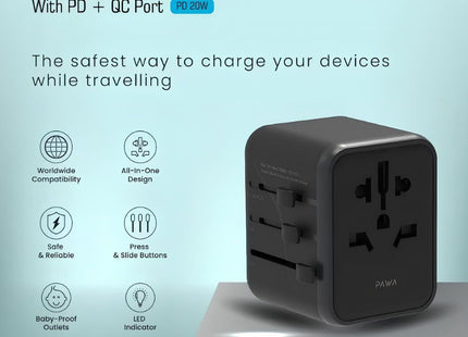 PAWA Universal Travel Adapter with PD 20W + QC - Black